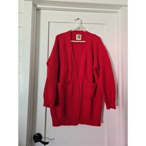 Oversized Red Popcorn Knit Cardigan Sweater L/XL Open Front Cozy Grandmacore‎